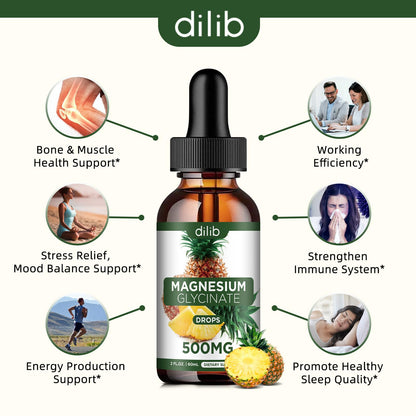 Magnesium Glycinate Supplement, Liquid Magnesium Glycinate Liquid Drops 500mg-Support Stress Relief, Relaxation, Mood, Sleep, Bone & Muscle-2 Fl Oz, Vegan, Pineapple Flavor dilibBuy Supplements Australia
