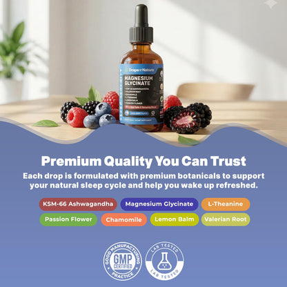 Magnesium Glycinate & Ashwagandha Liquid Drops with Valerian Root, Chamomile, Passion Flower, Lemon Balm & L-Theanine - Vegan Fast Absorption - Supplement for Wellness & Relaxation (Mixed Berry, 60mL) Drops Of NatureBuy Supplements Australia
