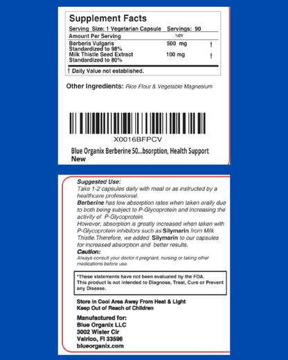 Blue Organix Berberine 500mg Formula HCL Complex Supplement with Silymarin Blue OrganixBuy Supplements Australia