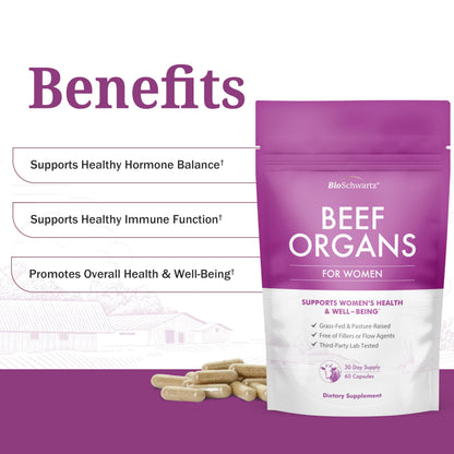 BioSchwartz Primal Beef Organ Supplement for Women - 60 Capsules - Grass-Fed & Pasture-Raised - Supports Healthy Hair Skin and Nails, Hormone Balance - with Bovine Liver, Kidney, Heart, Uterus Powder BioSchwartzBuy Supplements Australia