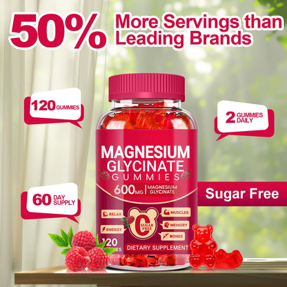 Magnesium Glycinate Gummies 600mg, Sugar Free Magnesium Gummies for Adults, Chewable Potassium Supplements for Body Support
