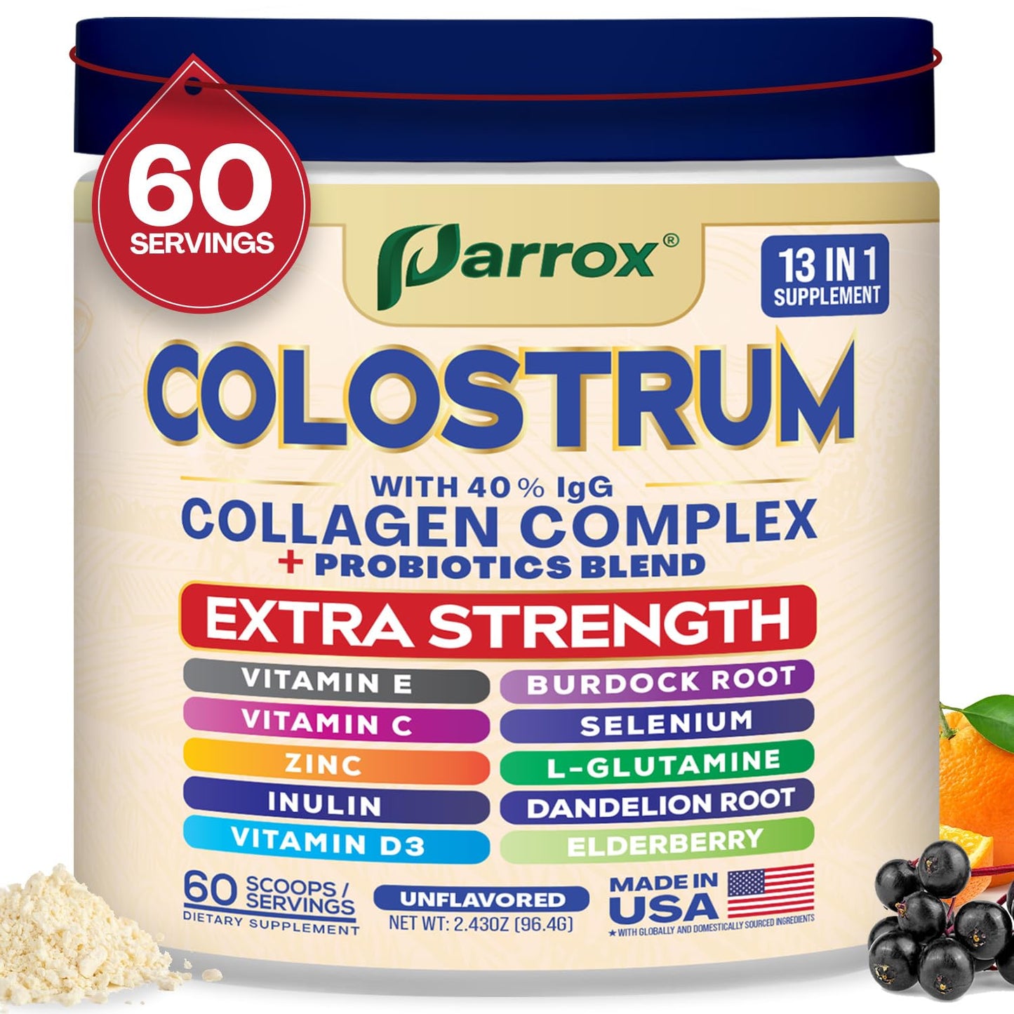 Parrox Colostrum Powder with 40% IgG, Collagen, Probiotics, Burdock Root, L-Glutamine, Elderberry, Vitamin C, Vitamin E, Vitamin D3, Inulin, Selenium, Dandelion Root, Zinc, 60 Servings (Unflavored) ParroxBuy Supplements Australia