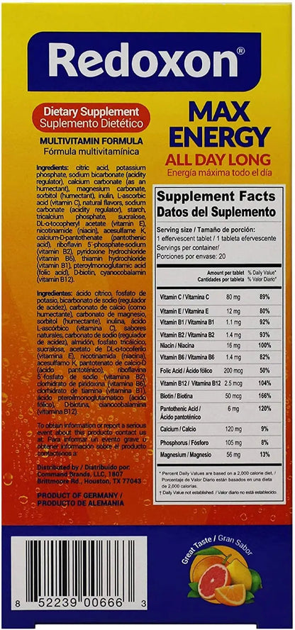 Redoxon Max Energy, Helps Support Inmune System, Citrus Flavor, 20 Effervescent Tablets, 2.82 Oz, Box Redoxon
