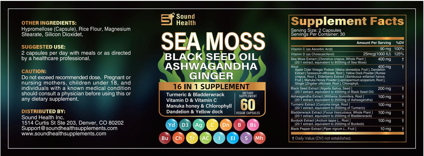 Sea Moss Capsules with Ashwagandha, Turmeric, Bladderwrack, Vitamins C & D for Natural Energy, Sleep Support & Hair Growth, 1200mg Herbal Blend, for Man & Women, Third-Party Tested，16-in-1 Supplement SoundHealthBuy Supplements Australia