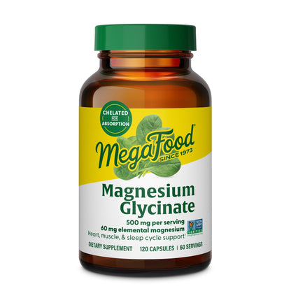MegaFood Magnesium Glycinate 500mg - Chelated Magnesium Supplement - 60mg Elemental Magnesium - Gentle on the Stomach - Supports Normal Sleep Cycle & Healthy Stress Response - 120 Capsules 60 Servings MegaFoodBuy Supplements Australia