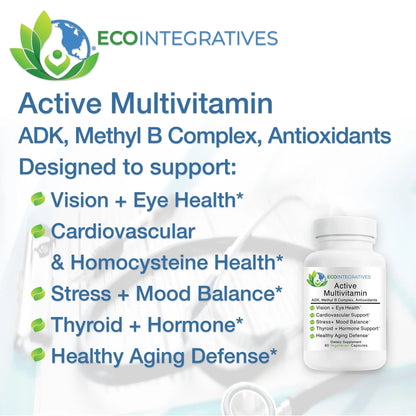 EcoIntegratives Active Multivitamin | ADK, Methyl B Complex, Antioxidants | Quatrefolic Folate, Methyl B12, P5P, Vitamin D3, K1/K2 | EcoIntegratives