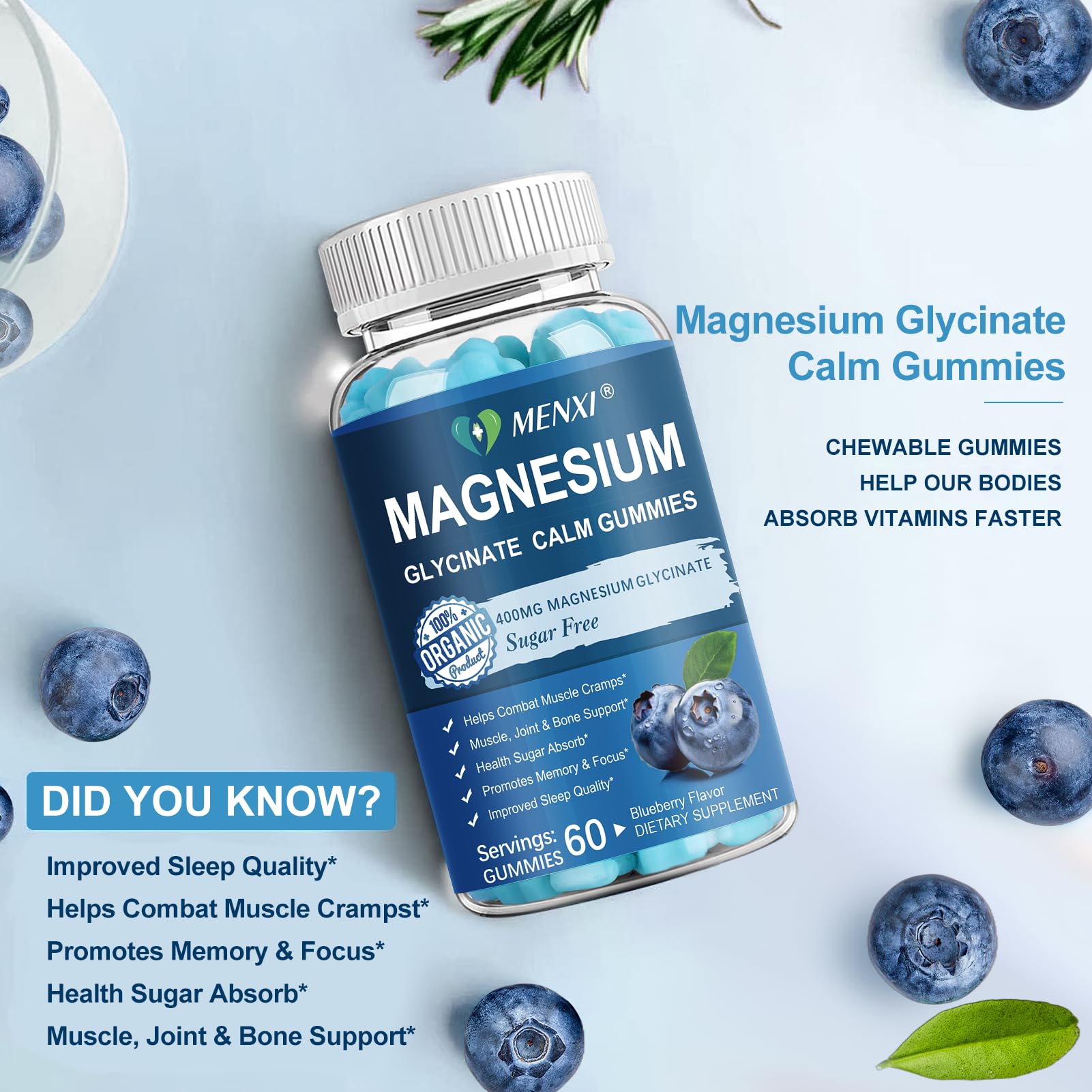 Magnesium Gummies 600mg per Serving-Magnesium Glycinate 400mg and Magnesium Malate 200mg,Sugar Free Magnesium Potassium Supplement for Calm Mood, Muscle, Bone & Sleep Support,60 Blueberry Gummies MENXIBuy Supplements Australia