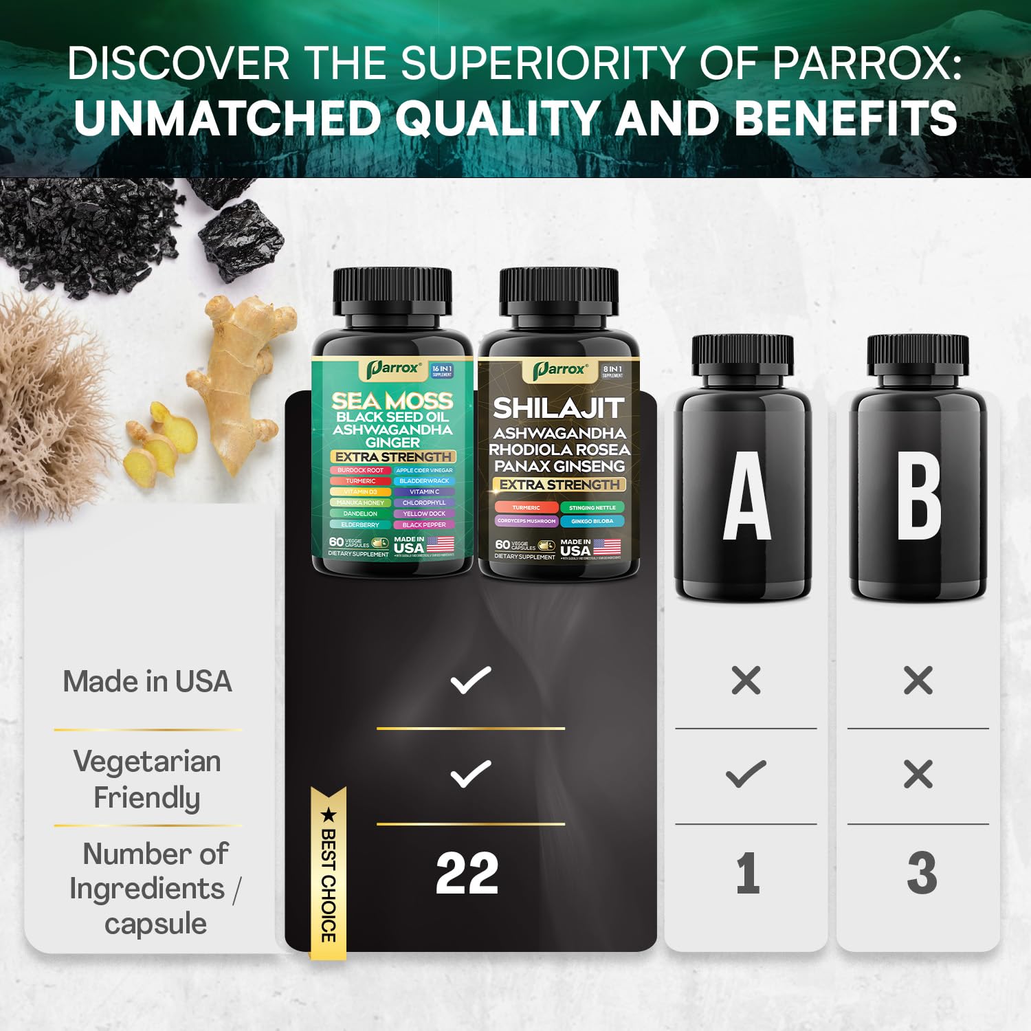 Parrox Shilajit and Sea Moss Bundle, Sea Moss 350mg, Black Seed Oil 200mg, Ashwagandha 100mg, Turmeric, Shilajit 300mg, Rhodiola Rosea 100mg, Panax Ginseng 50mg, Dynamic Vitality Bundle (2 Pack) ParroxBuy Supplements Australia