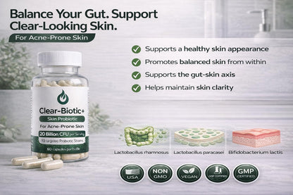 Acne Pills Probiotic Acne Supplements for Teens & Adults - Hormonal Acne Vitamins, Gut Health for Clear Skin, Non-GMO (60 Capsules) Gut Skin Axis Clear-BioticBuy Supplements Australia