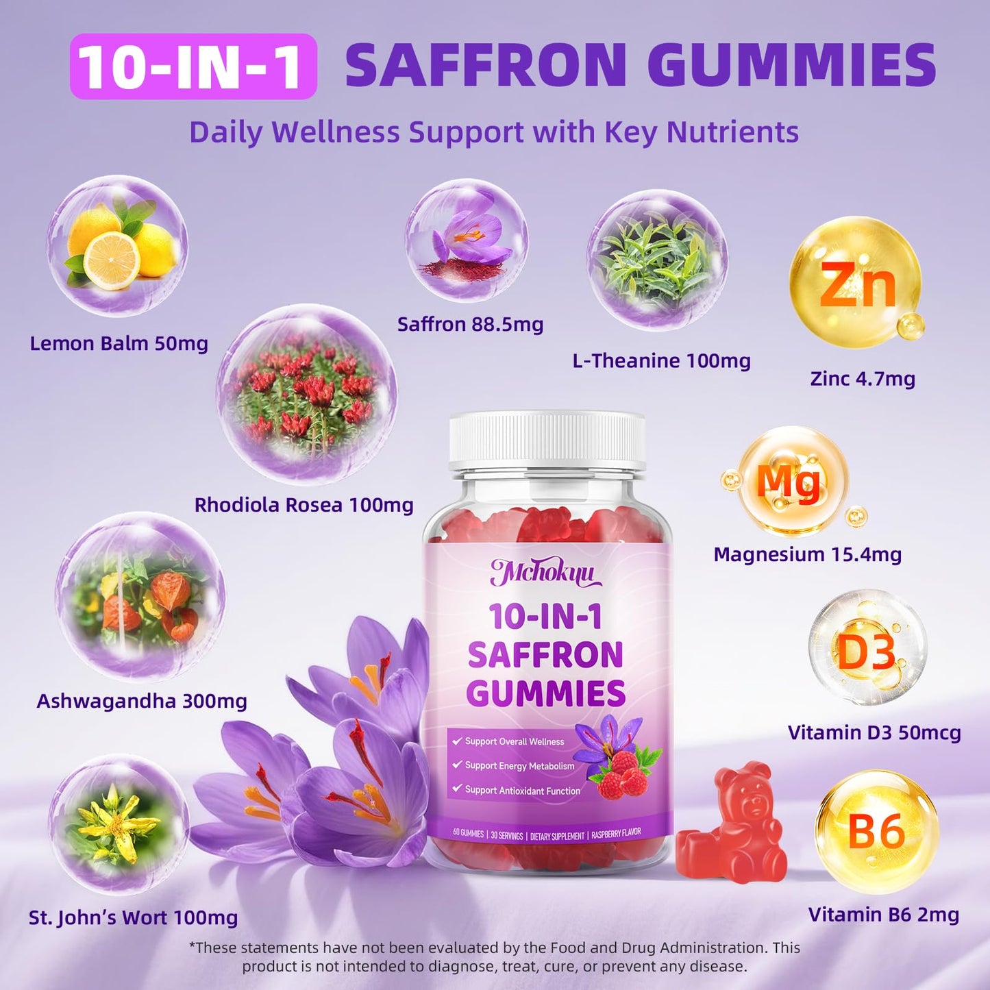 Saffron Supplement Gummies for Kids & Adults Supports Antioxidant Function with Ashwagandha, L-Theanine, Rhodiola Rosea, Lemon Balm, Vitamin D3, B6, Magnesium & Zinc – Raspberry Flavor, 60 Count MchokuuBuy Supplements Australia