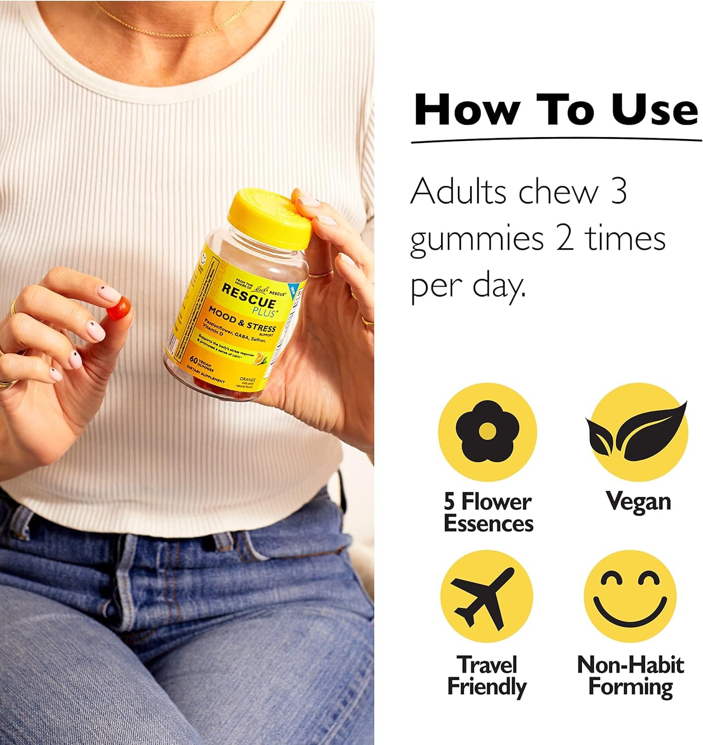 RESCUE Bach Plus Mood & Stress Support Gummies, Daytime Dietary Supplement with Passionflower, GABA, Saffron & Vitamin D, Natural Orange Flavor, Vegan & Gluten-Free, 3 Pack, 180 Count Total RESCUEBuy Supplements Australia