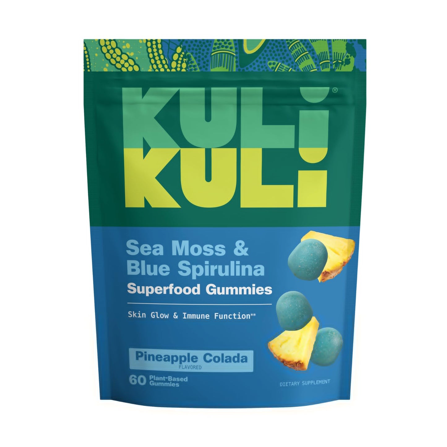Kuli Kuli Sea Moss & Blue Spirulina Superfood Gummies - Pineapple Colada Flavor, 60 Count - Plant-Based Irish Sea Moss with Baobab & Vitamin C for Skin Glow, Immune Support & Collagen (1 Month Supply) Kuli KuliBuy Supplements Australia