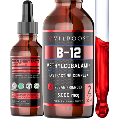 VITBOOST Vegan Liquid B-12 Drops – 60 x 5000 mcg Extra Strength Raspberry Flavored Vitamin B12 Liquid Methylcobalamin sublingual Supplement | Designed to Maximize Absorption