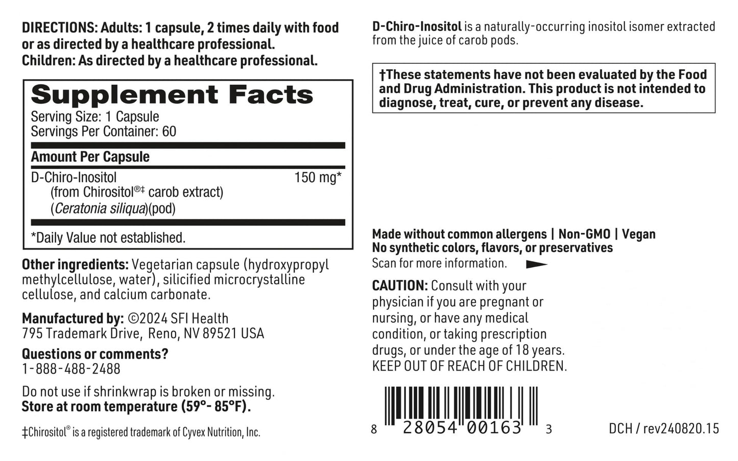 SFI Health Klaire Labs D-Chiro-Inositol - 150 Milligrams Hypoallergenic Supplement (60 Capsules) SFI HealthBuy Supplements Australia