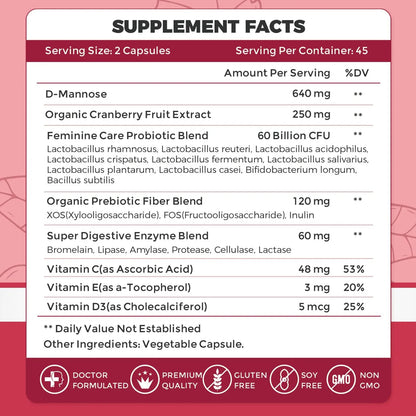 ZEBORA Urinary Tract Health for Women - Vaginal Probiotics for Women Digestive Health and pH Balance - D Mannose Supplements with Cranberry to Cleanse Urinary Tract & Bladder - 90 Capsules ZEBORABuy Supplements Australia