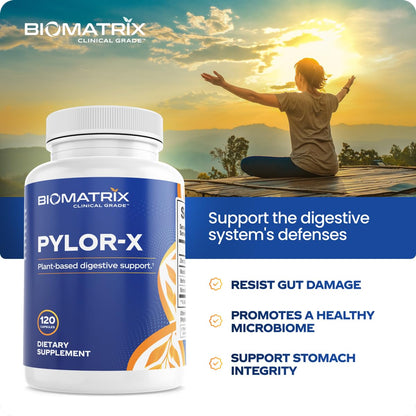 BioMatrix Pylor-X Gut Health Supplement – Mastic Gum, Berberine, Zinc Carnosine & Bismuth Salts for Gastric Support, Digestive Comfort, Stomach Lining Protection - (120 Capsules) 30-60 Day Supply BioMatrixBuy Supplements Australia