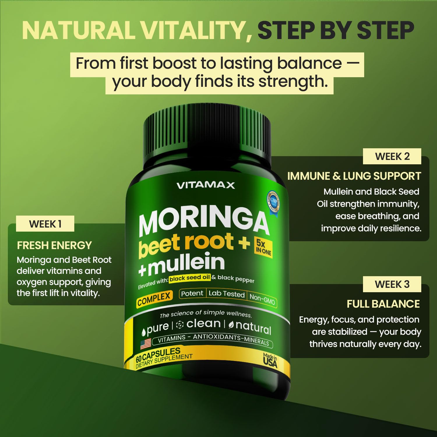 Moringa Capsules, Beet Root, Mullein Leaf - Energy, Skin, Immune Supplement Superfood, Rich in Antioxidants, Minerals & Essential Vitamins - High Absorption Non-GMO - Made in USA - 60ct VitamaxBuy Supplements Australia