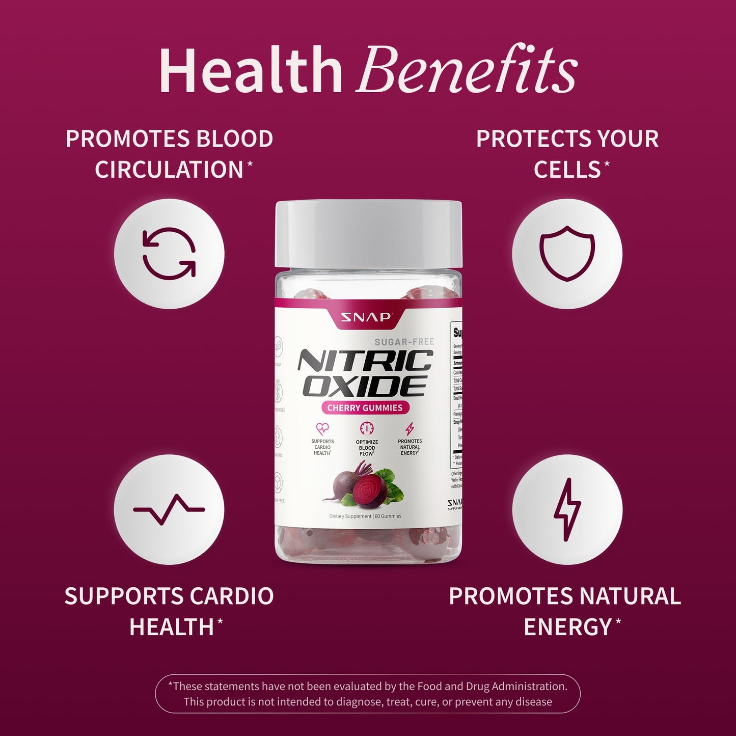 Snap Supplements Nitric Oxide Gummies - Beet Root Extract 300mg, Sugar Free Beetroot Supplement with Pomegranate Powder for Circulation & Natural Energy, 60 Vegan Gummies, Cherry Flavor Snap SupplementsBuy Supplements Australia