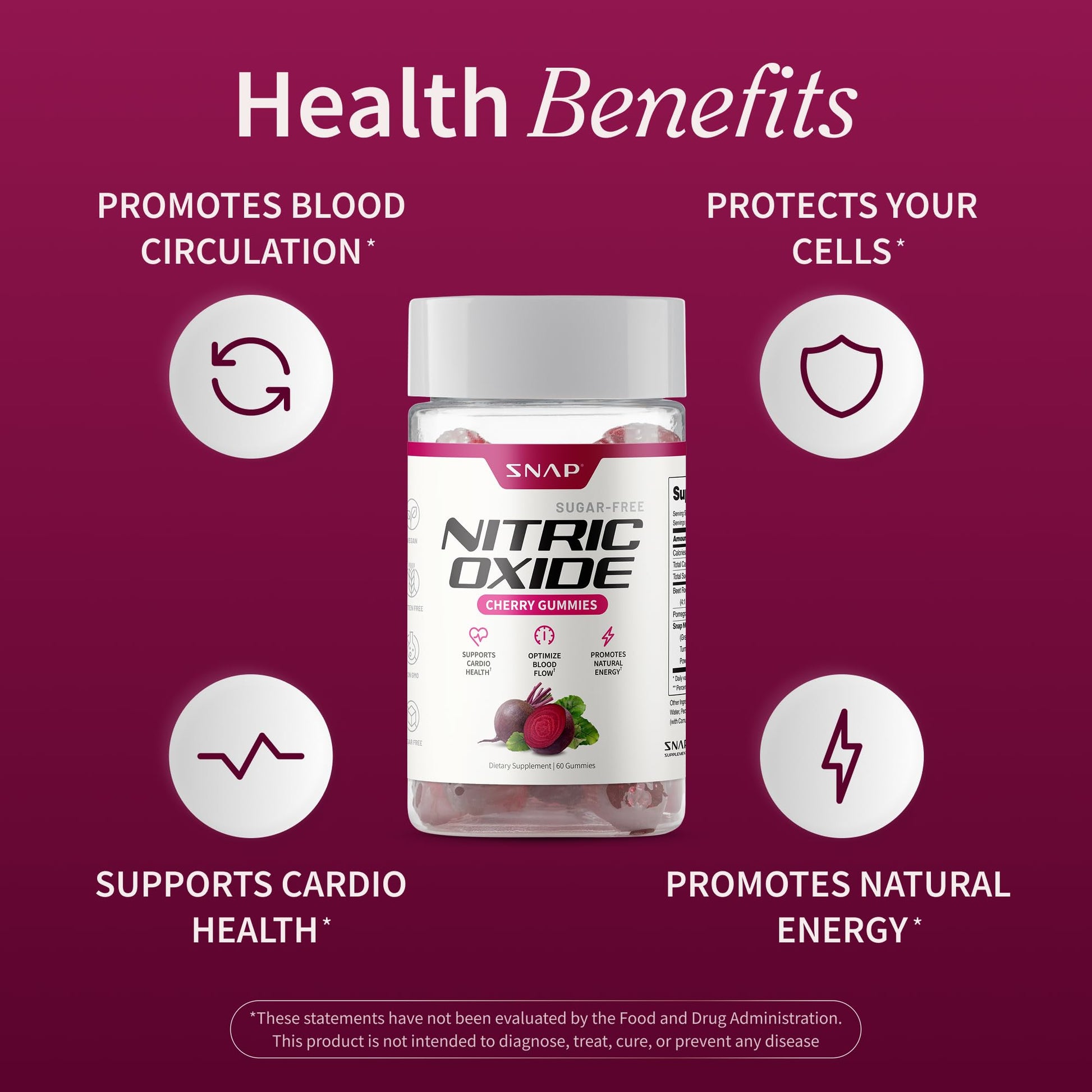 Snap Supplements Nitric Oxide Gummies - Beet Root Extract 300mg, Sugar Free Beetroot Supplement with Pomegranate Powder for Circulation & Natural Energy, 60 Vegan Gummies, Cherry Flavor Snap SupplementsBuy Supplements Australia