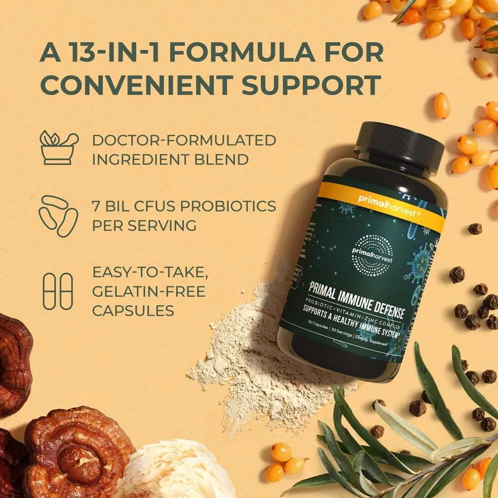 Primal Harvest Immune Defense 10-in-1 Supplement with Probiotics, Zinc, and Vitamins C, D3, K2, B6 Daily Immune Support for Adults Primal Harvest