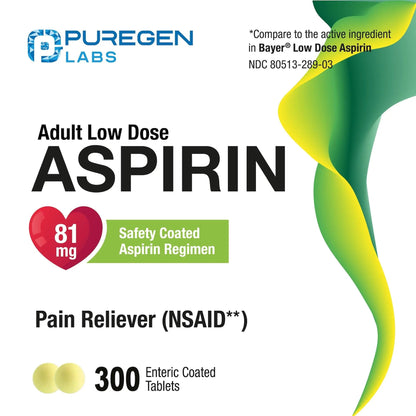 Puregen Labs Aspirin 81 mg Low Dose (NSAID) – 300 Enteric Coated Tablets P Puregen LabsBuy Supplements Australia