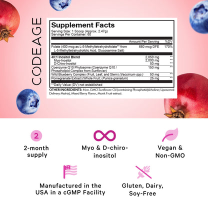 Codeage Liposomal Ovarian Inositol Powder - Myo-Inositol & D-Chiro-Inositol 40:1 Blend, Folate 5-MTHF, CoQ10, Pomegranate & Wild Blueberry - 2-Month Supply - Mixed Berry Flavor - Non-GMO, 60 Servings CodeageBuy Supplements Australia