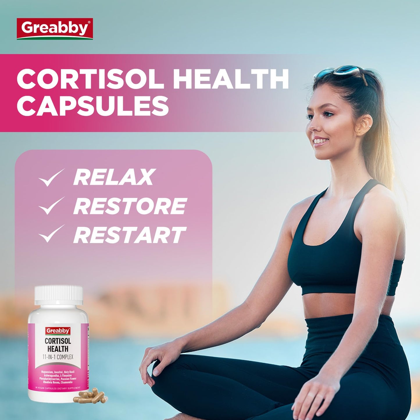 GREABBY Cortisol Supplements for Women, 11-in-1 Formula with Ashwagandha, L-Theanine, Phosphatidylserine and More, Lower Cortisol Health Support, 90 Vegan Capsules GREABBYBuy Supplements Australia