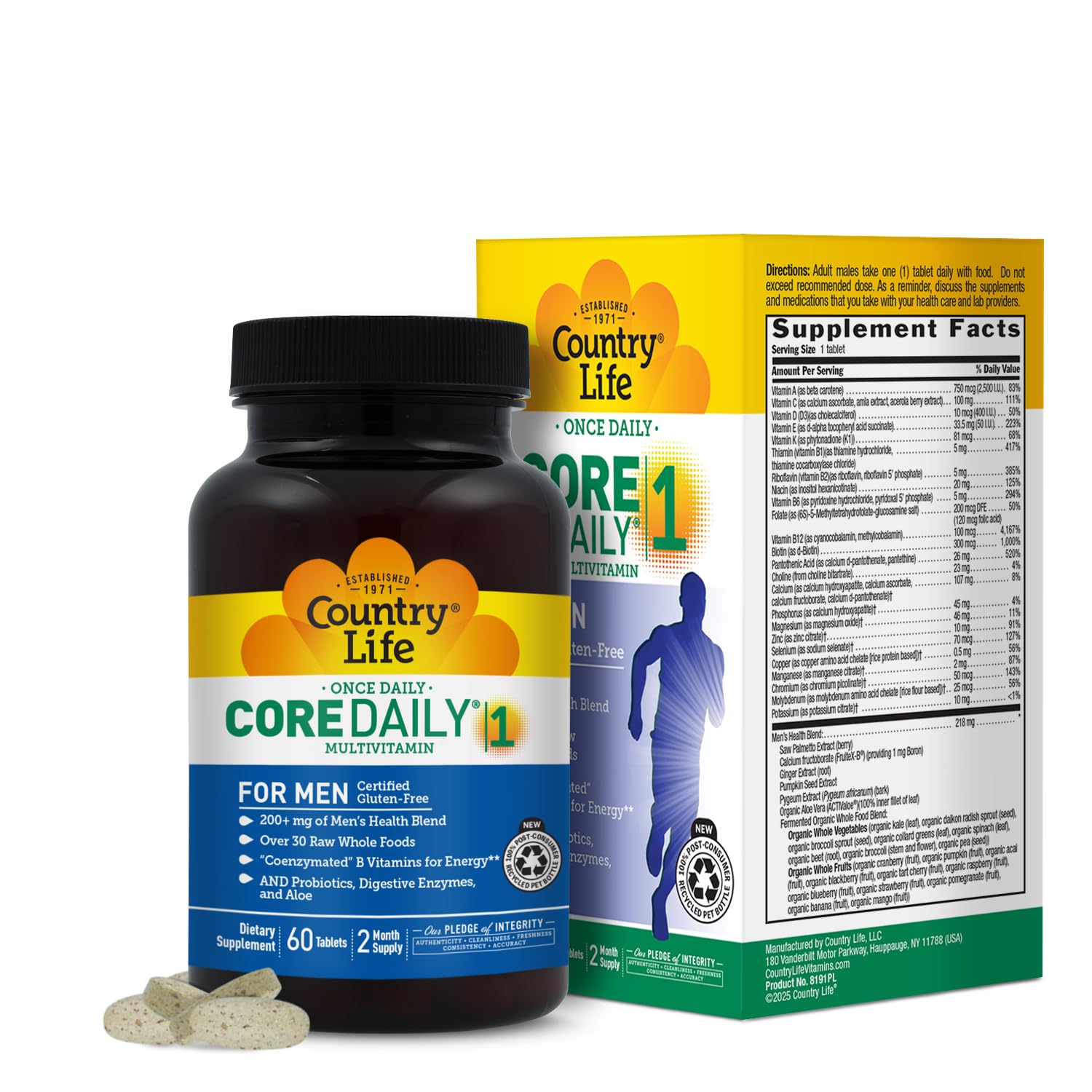 Country Life Core Daily-1 for Men - Multivitamin with Probiotics, Saw Palmetto, Pumpkin Seed Extract, and Coenzymated B Vitamins - Gluten-Free and Vegetarian - 60 Tablets Country LifeBuy Supplements Australia