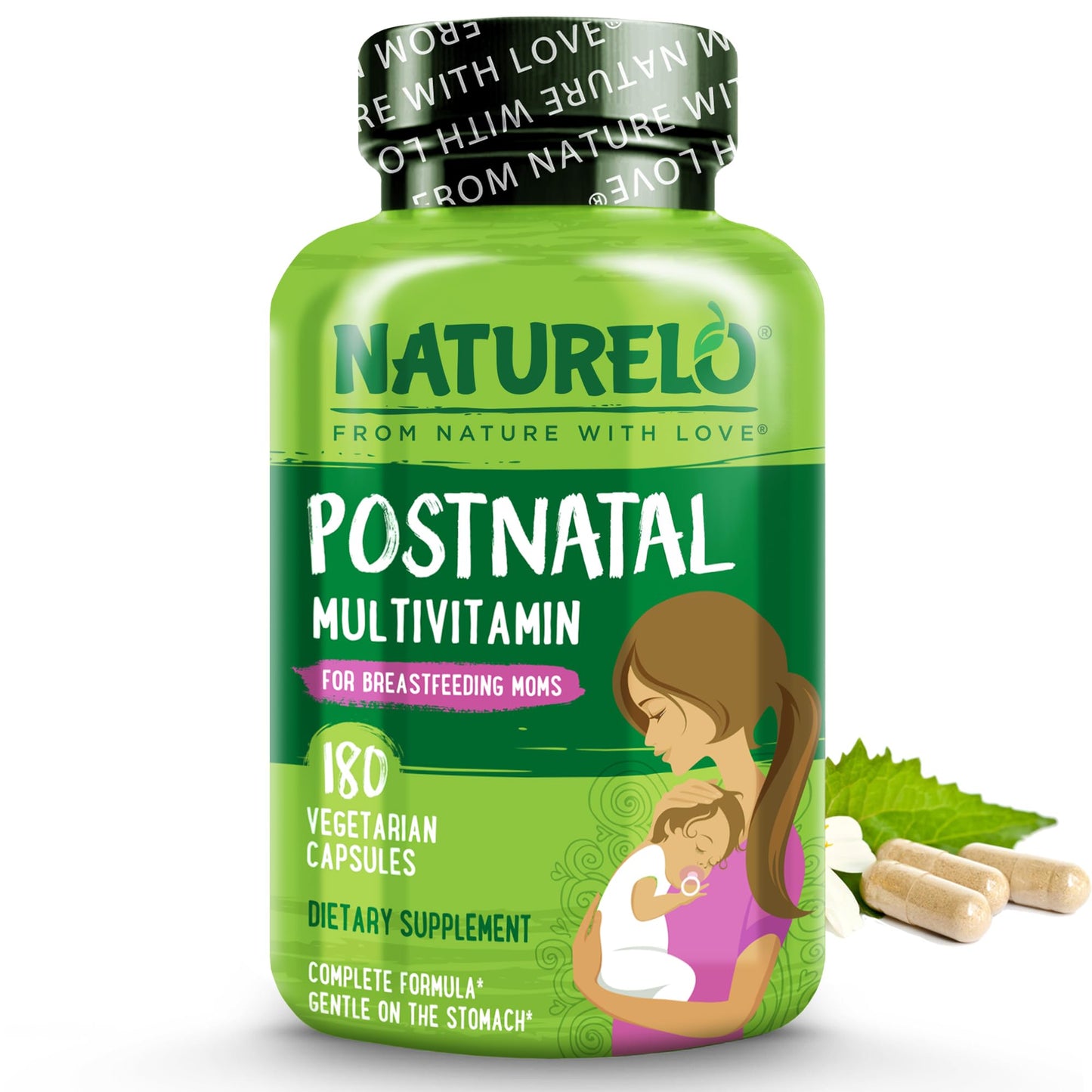 NATURELO Postnatal Multivitamin - Supplement for Breastfeeding Women - Plant-Based Vitamin D, Folate, Gentle Iron - for Nursing Mother, Baby