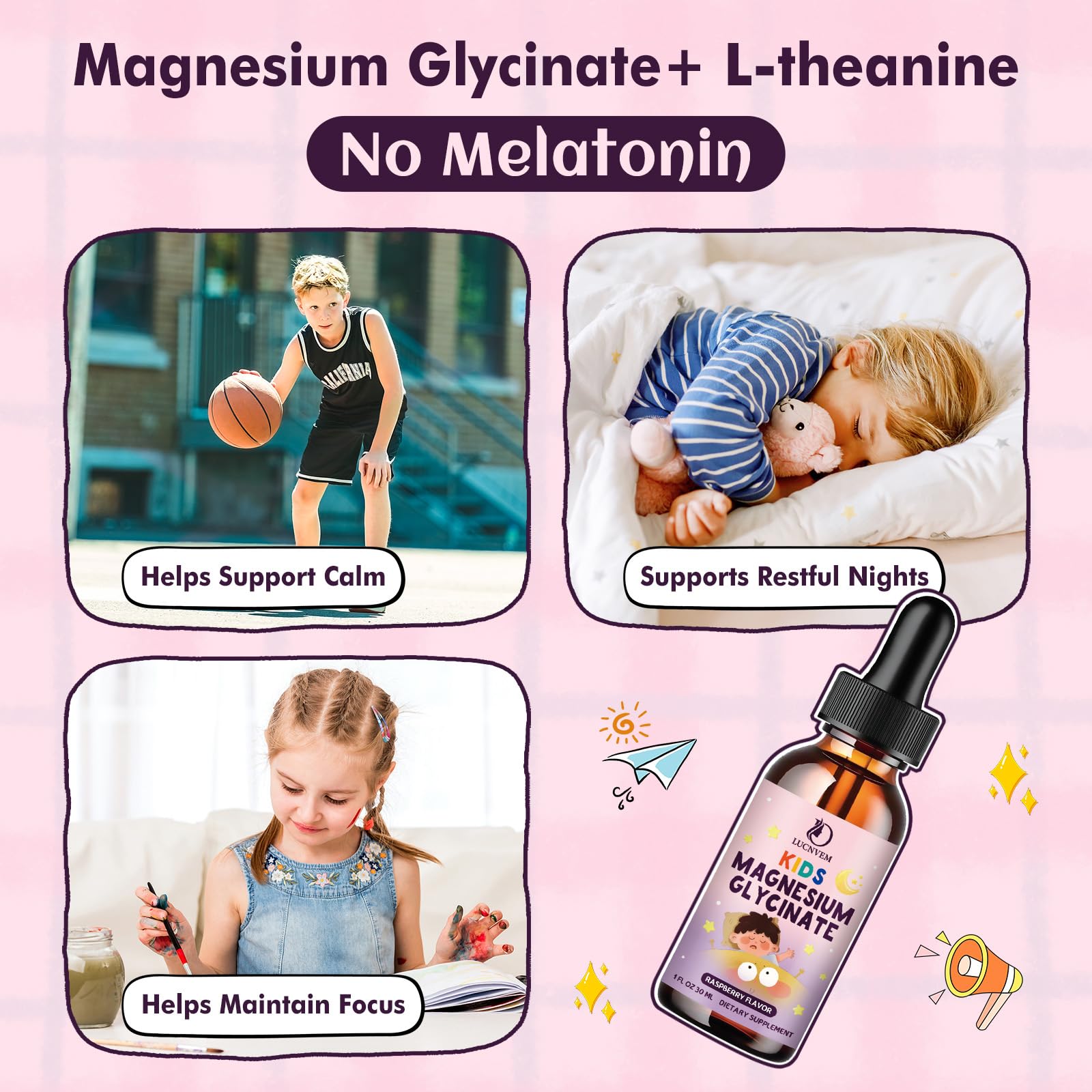 Kids Magnesium Glycinate Sleep Liquid Drops – Sleep & Calm Support with L-Theanine – Melatonin-Free, Sugar-Free Vegan Raspberry Supplement – 2 Bottles, 30ml Each LUCNVEMBuy Supplements Australia