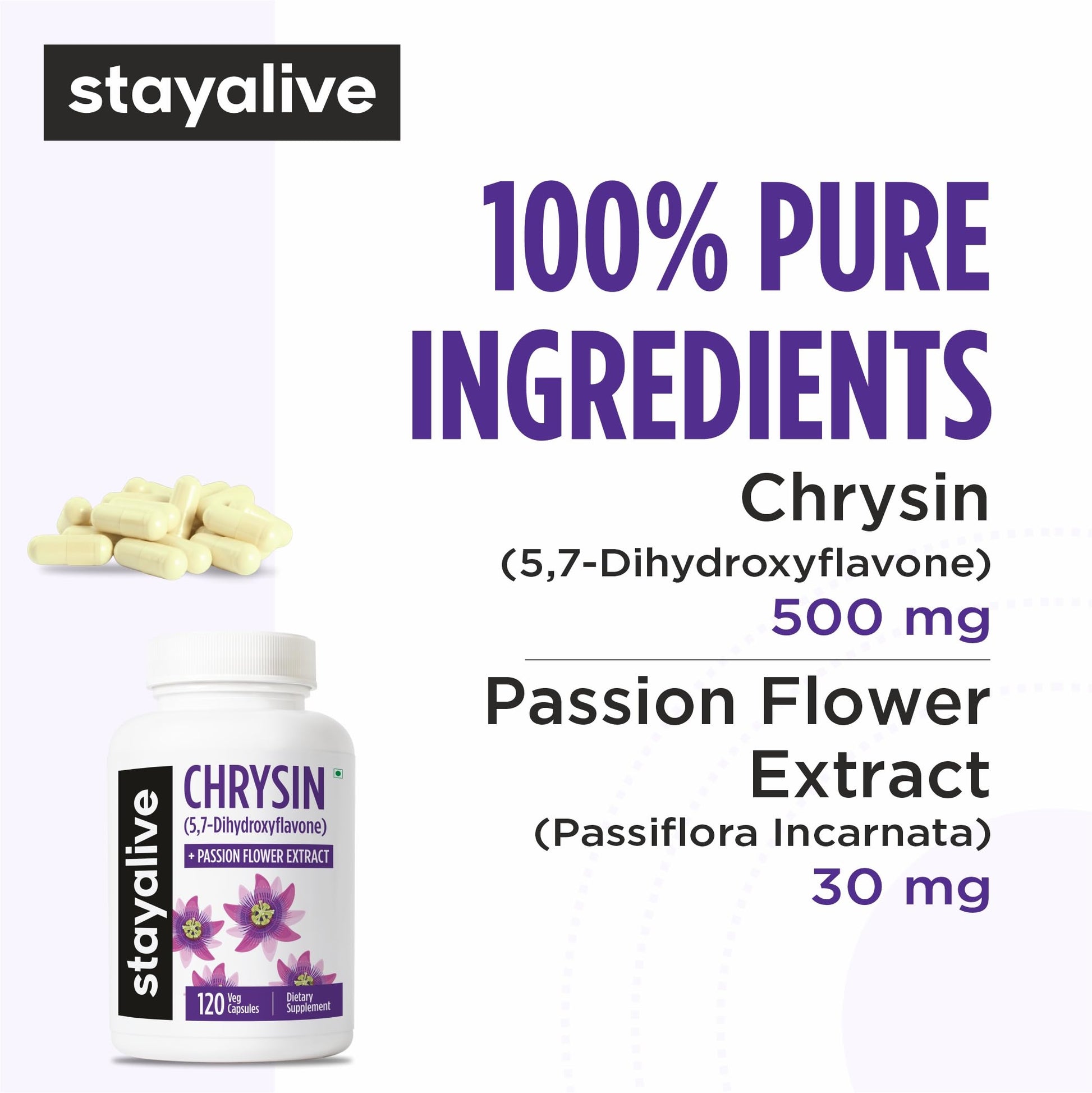 STAY ALIVE Chrysin Supplement 500mg & Passion Flower Extract Powder, 5,7-Dihydroxyflavone, Non-GMO and Gluten-Free Chrysin for Men and Women, 120 Capsules STAY ALIVEBuy Supplements Australia