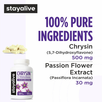 STAY ALIVE Chrysin Supplement 500mg & Passion Flower Extract Powder, 5,7-Dihydroxyflavone, Non-GMO and Gluten-Free Chrysin for Men and Women, 120 Capsules STAY ALIVEBuy Supplements Australia