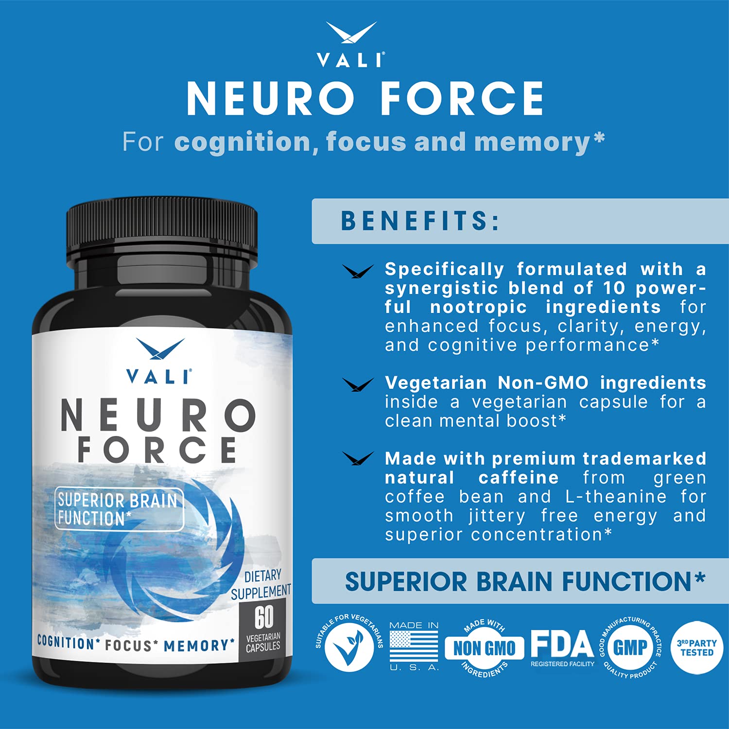 VALI Neuro Force Brain Booster Supplement for Focus, Memory, Clarity & Energy. Extra Strength Nootropic Cognitive Function Support for Mental Performance. with Natural Caffeine. 60 Veggie Capsules VALIBuy Supplements Australia