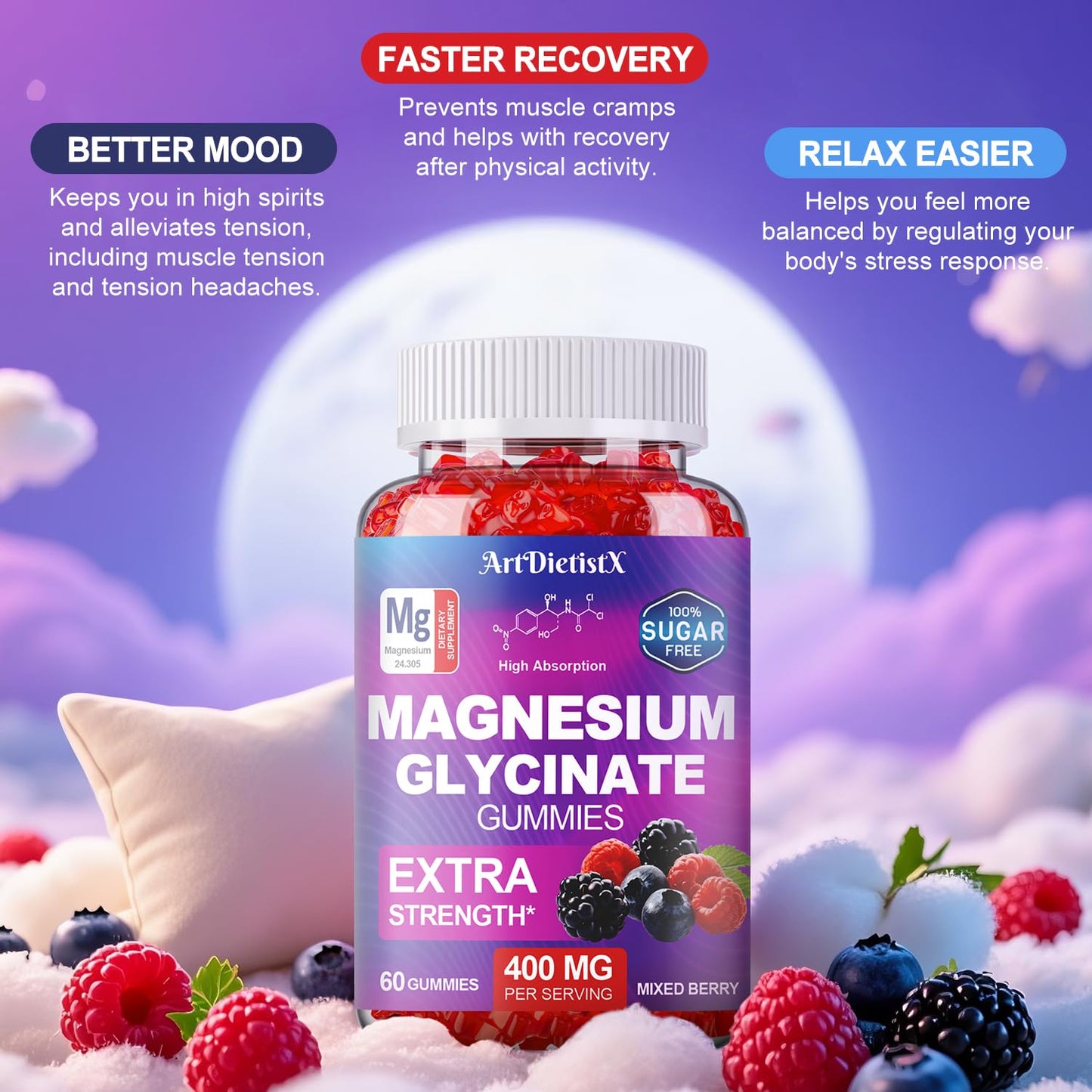 Magnesium Glycinate Gummies 400mg, Sugar Free Mаgnеsium Gummiеs for Adults with Magnesium Malate, Zinc, and Vitamin B6 for Sleep, Body Support and Relaxation, Non GMO, 60 Count-Multi-Flavor ArtDietistXBuy Supplements Australia