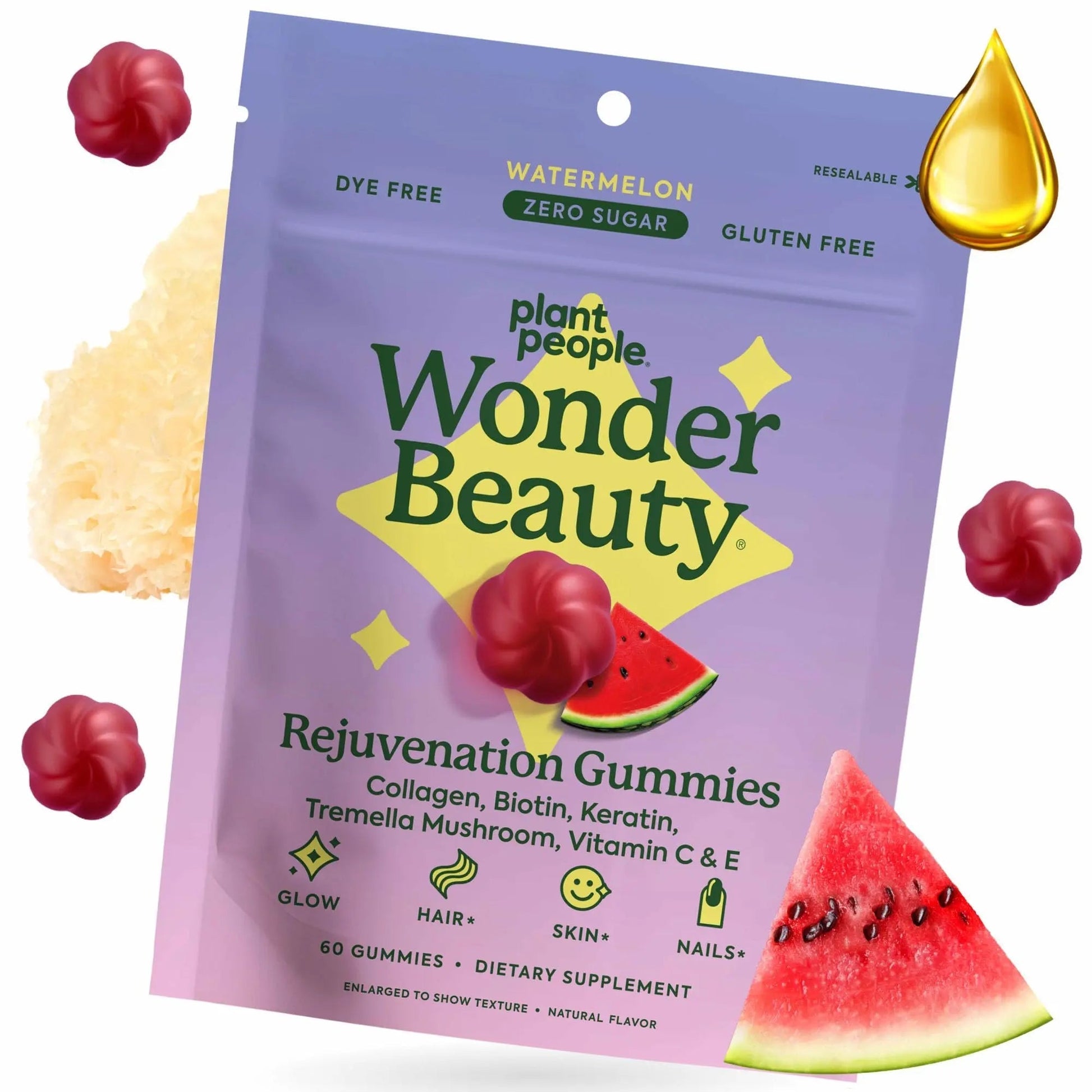 Plant People WonderBeauty Hair, Skin & Nails Rejuvenation Gummies with Tremella Mushroom, Marine Collagen Peptides Plant People