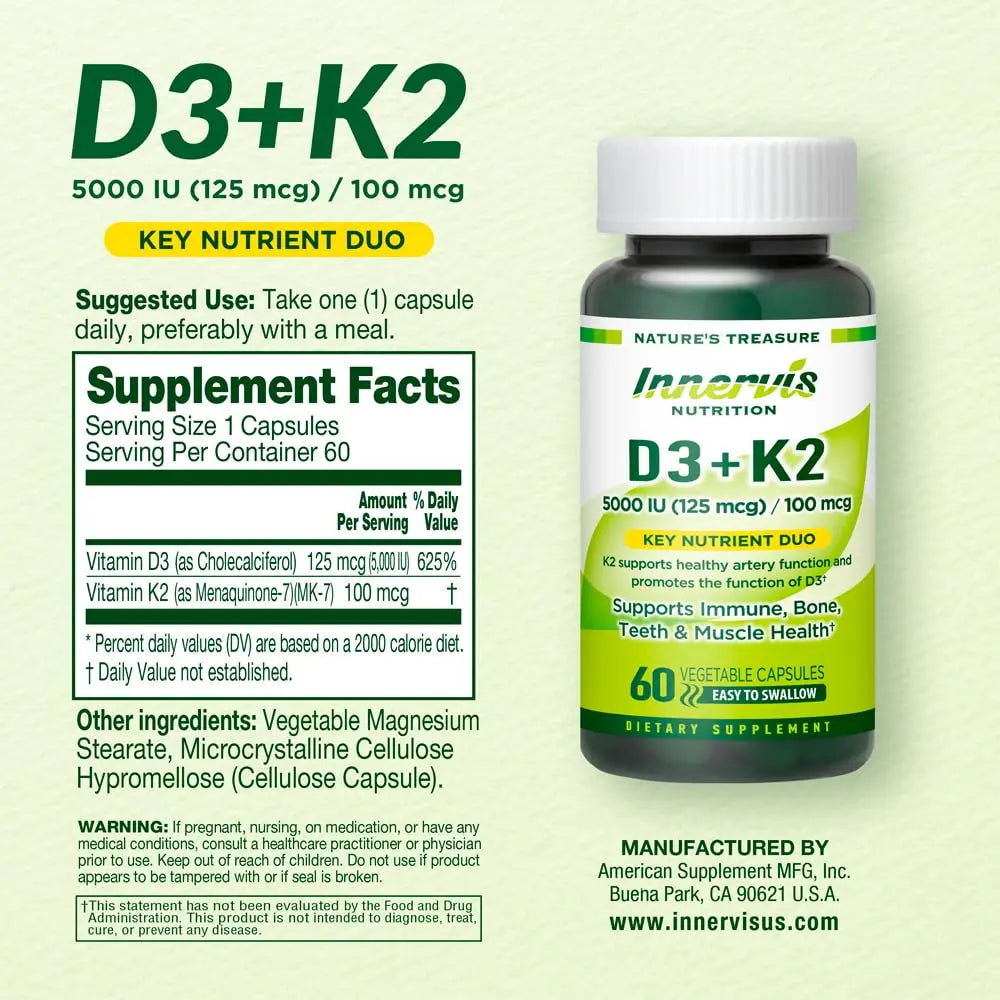 INNERVISNUTRITION Vitamin D3 5000 IU + K2 MK-7 100mcg – Bone, Heart & Immune Support, Easy to Swallow, 60 Capsules INNERVISNUTRITIONBuy Supplements Australia