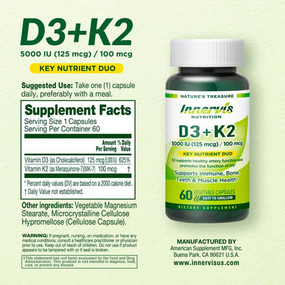 INNERVISNUTRITION Vitamin D3 5000 IU + K2 MK-7 100mcg – Bone, Heart & Immune Support, Easy to Swallow, 60 Capsules INNERVISNUTRITIONBuy Supplements Australia