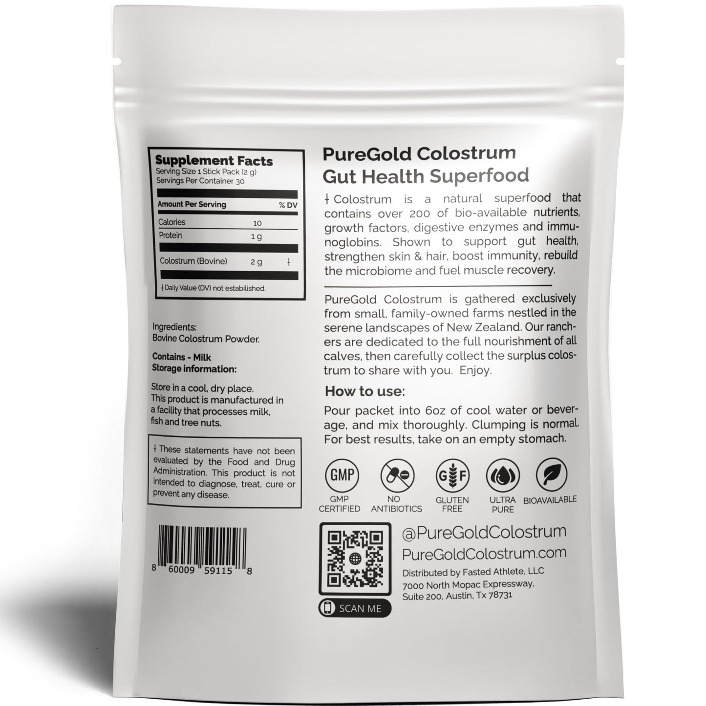 PureGold - Bovine Colostrum Powder - 100% Pure New Zealand Grass Fed, Supports Gut Health, Skin, Hair, & Immunity – Colostrum Supplement, Unflavored, 30 Travel Packets Fasted AthleteBuy Supplements Australia