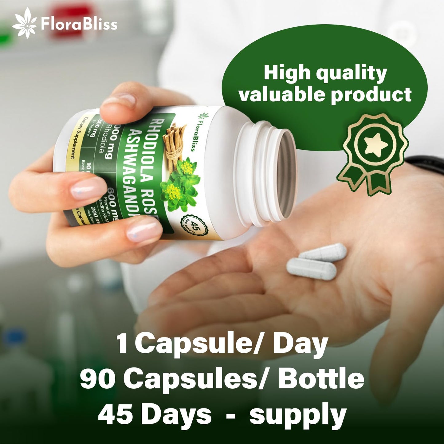 FloraBliss Rhodiola Rosea with Ashwagandha KSM-66, L-Theanine, Holy Basil & Black Pepper - 90 High Potency Vegan Capsules - 45-Day Supply FloraBlissBuy Supplements Australia
