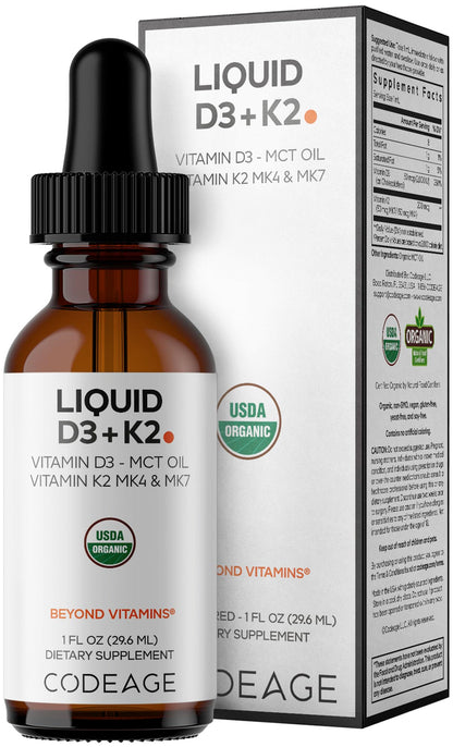 Codeage Liquid D3+K2 Vitamins USDA Organic - Vitamin D3 2000 IU, Vitamin K2 (MK4 & MK7) Liquid Drops - Immune Support - Unflavored - Organic MCT Oil - Non-GMO - 1 fl oz CodeageBuy Supplements Australia