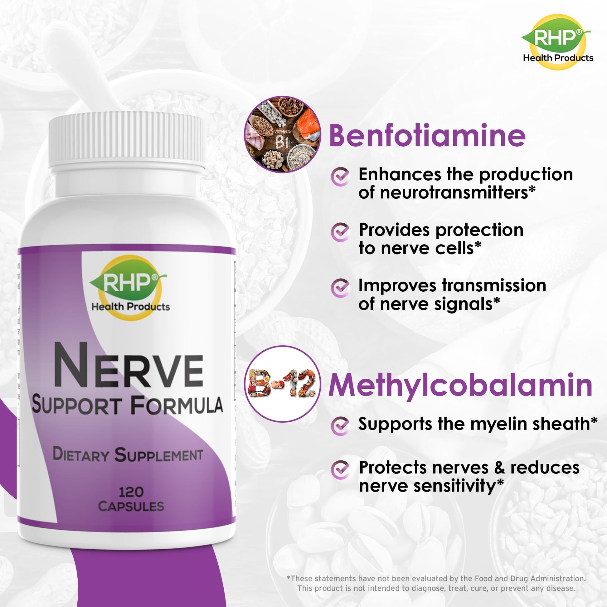 RHP Nerve Support Formula. Nutritional Support of Neuropathy, Nerve Relief from Aches, Nerve Pain & Discomfort. B-Complex with Benfotiamine and Methyl B12. 120 Capsules RHPBuy Supplements Australia