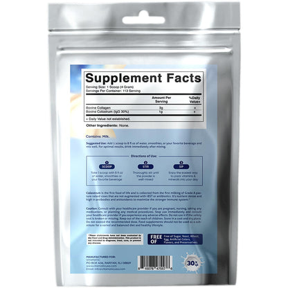 Vitamatic Bovine Colostrum + Collagen Powder - Supplement for Gut Health, Hair Growth, Beauty, Muscle Recovery, & Immune Support - Easy to Mix - Unflavored - 454 Gram, (16 oz) VitamaticBuy Supplements Australia