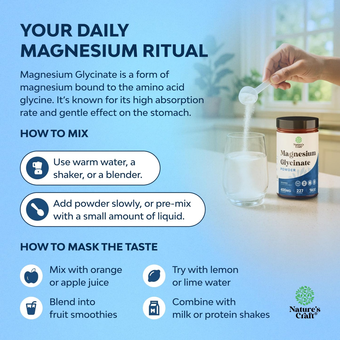 Potent Magnesium Glycinate Powder 400mg - Calm Magnesium Powder Bulk for Muscle Relax, Calm & Sleep Support for Adults - Glycinate Mag Soothe Vegan & Non-GMO Supplement - 1 Pack Natures CraftBuy Supplements Australia