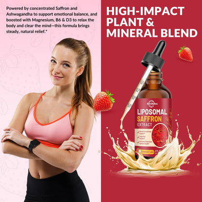 Saffron Supplements - 88.5mg Saffron Extract Liposomal Liquid Drops with Magnesium, Zinc, Ashwagandha, L-Theanine, Vitamin B6, D3 for Antioxidant Mood Energy Vision & Focus, Strawberry Flavor 2 Fl Oz ReviNutraBuy Supplements Australia