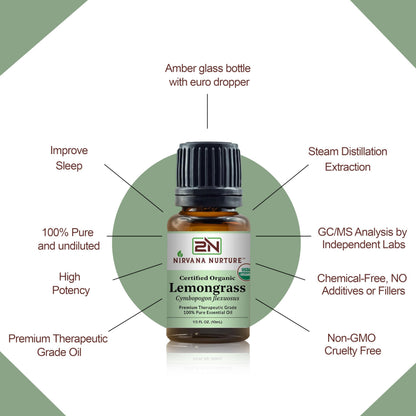 Nirvana Nurture Lemongrass Essential Oil USDA Certified Organic 100% Pure Premium Therapeutic Grade Nirvana NurtureBuy Supplements Australia