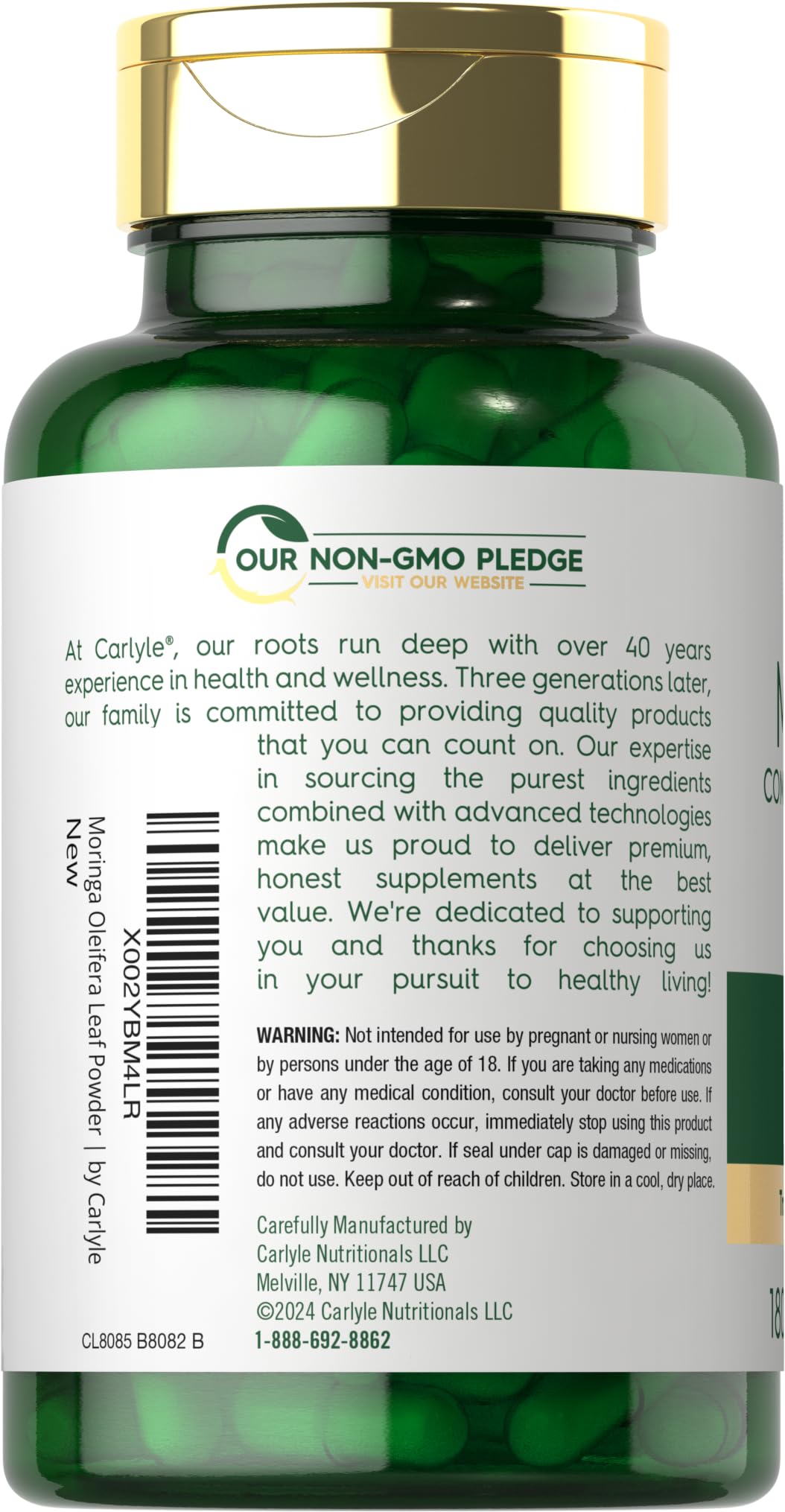 Carlyle Moringa Oleifera Supplement | 180 Capsules | Complete Green Superfood for Women and Men | Non-GMO and Gluten Free