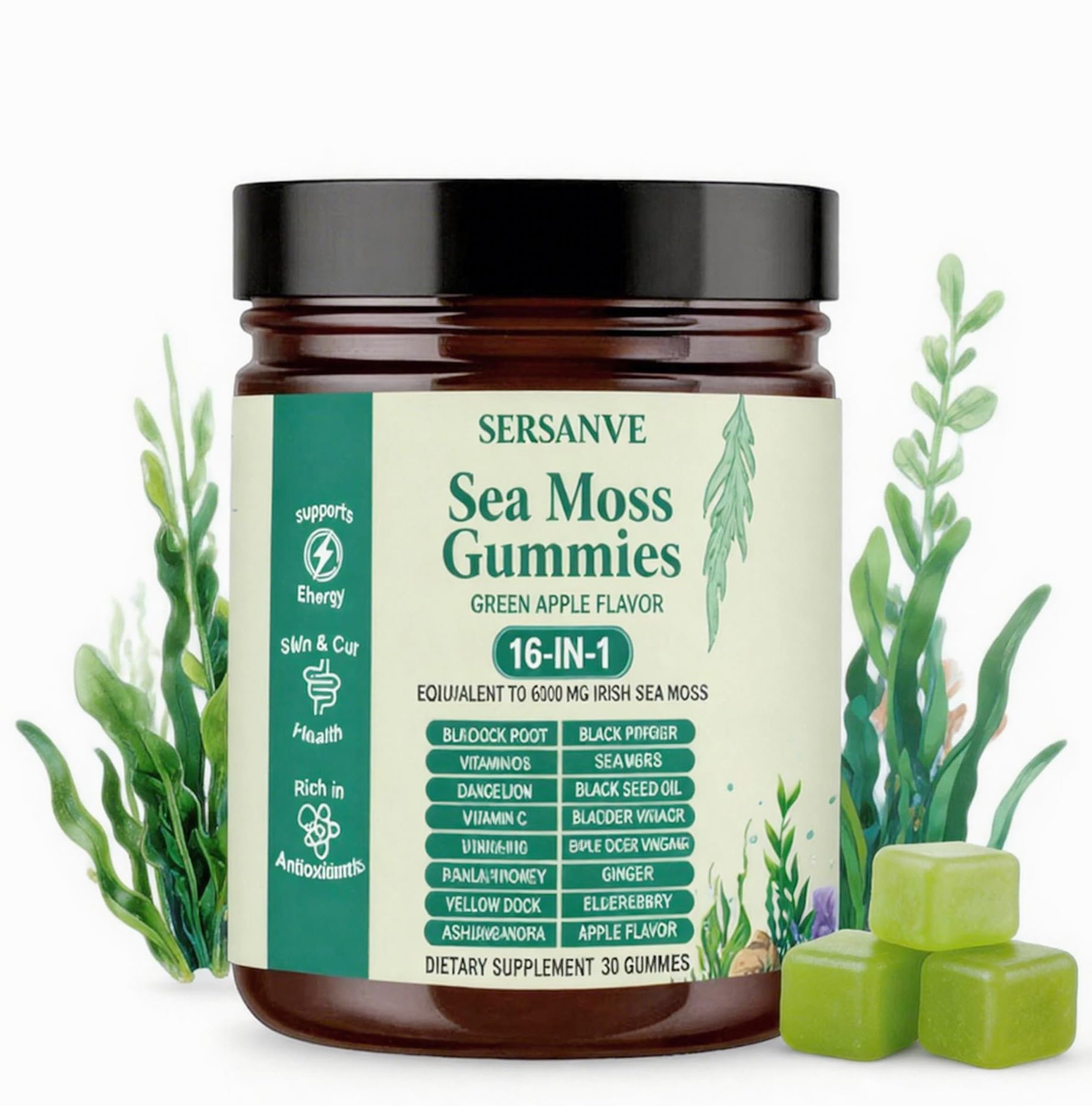 Sea Moss Gummies 16-in-1, with Black Seed Oil, Ashwagandha & Elderberry | Organic Irish Sea Moss Supplement for Men & Women | Daily Support with Manuka, Burdock Root & Vitamins C & D3, 30 Gummies SERSANVEBuy Supplements Australia