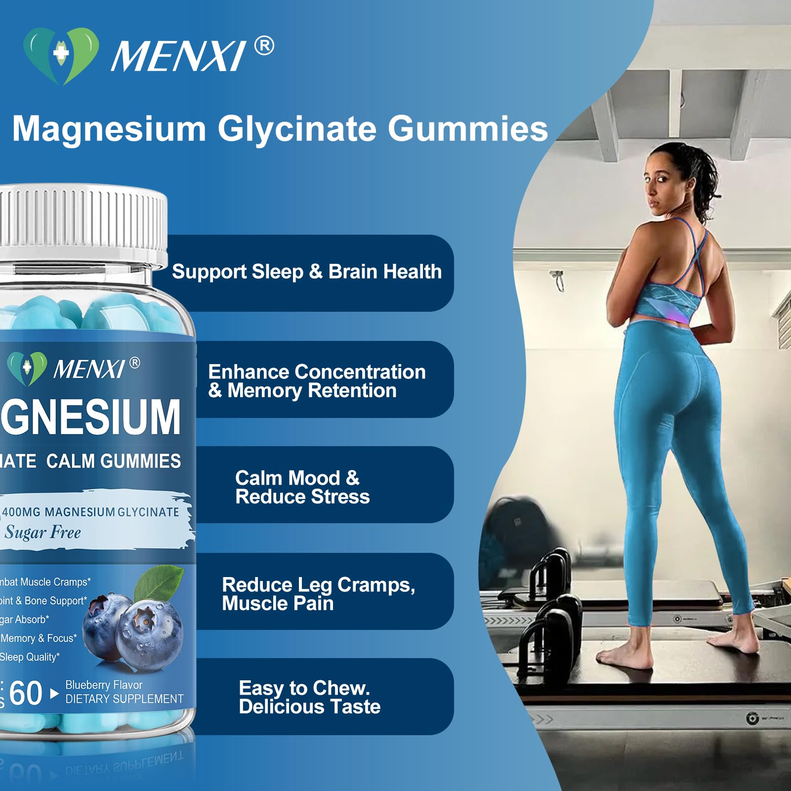 Magnesium Gummies 600mg per Serving-Magnesium Glycinate 400mg and Magnesium Malate 200mg,Sugar Free Magnesium Potassium Supplement for Calm Mood, Muscle, Bone & Sleep Support,60 Blueberry Gummies MENXIBuy Supplements Australia