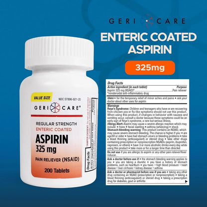 GeriCare Enteric Coated Aspirin Tablets 325mg (200 Count) NSAID Pain Reliever & Fever Reducer for Adults- Regular Strength Aspirin for Headache Arthritis Menstrual & Muscle Pain GeriCareBuy Supplements Australia