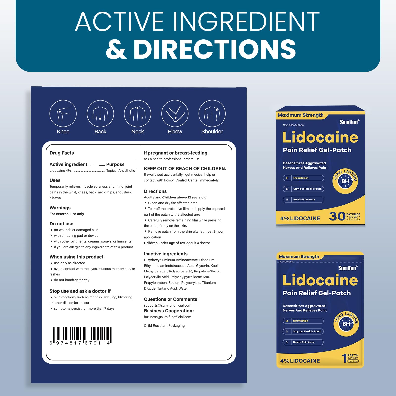 Sumifun 4% Lidocaine Pain Relief Patches 30 Count Maximum Strength Numbing Gel Patch for Back Knee Neck Joint Ache Muscle Soreness Topical Analgesic SumifunBuy Supplements Australia